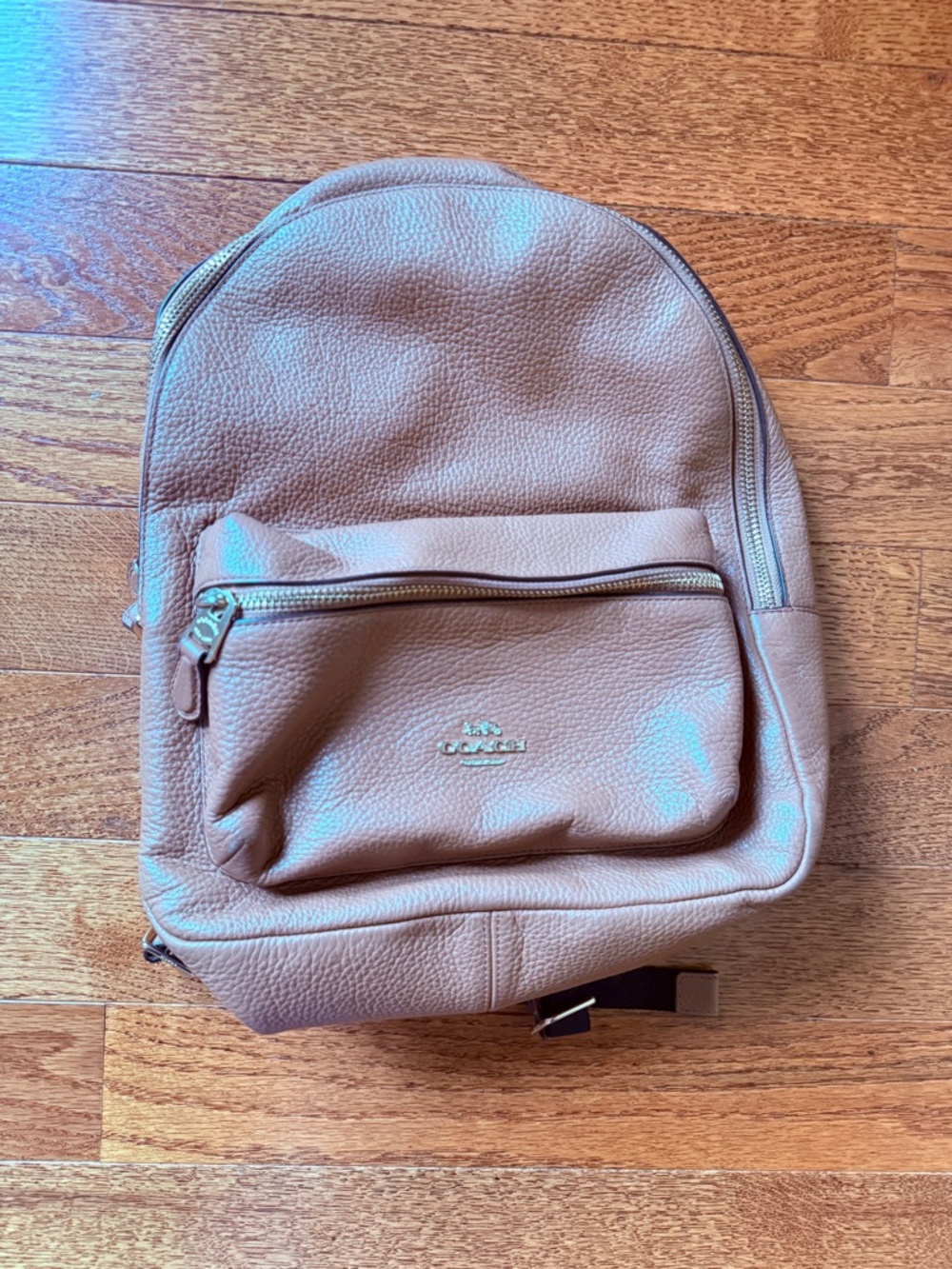 Coach Charlie Taupe Leather Backpack with Front Zip Pocket